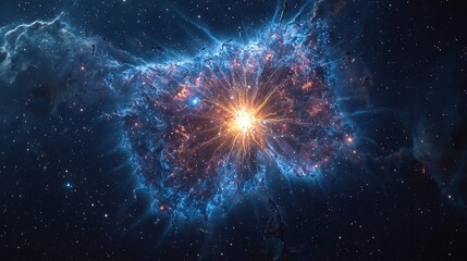 Stunning explosion of a supernova with brilliant bursts of light and gas expanding outward marking the end of a stars life in the universe