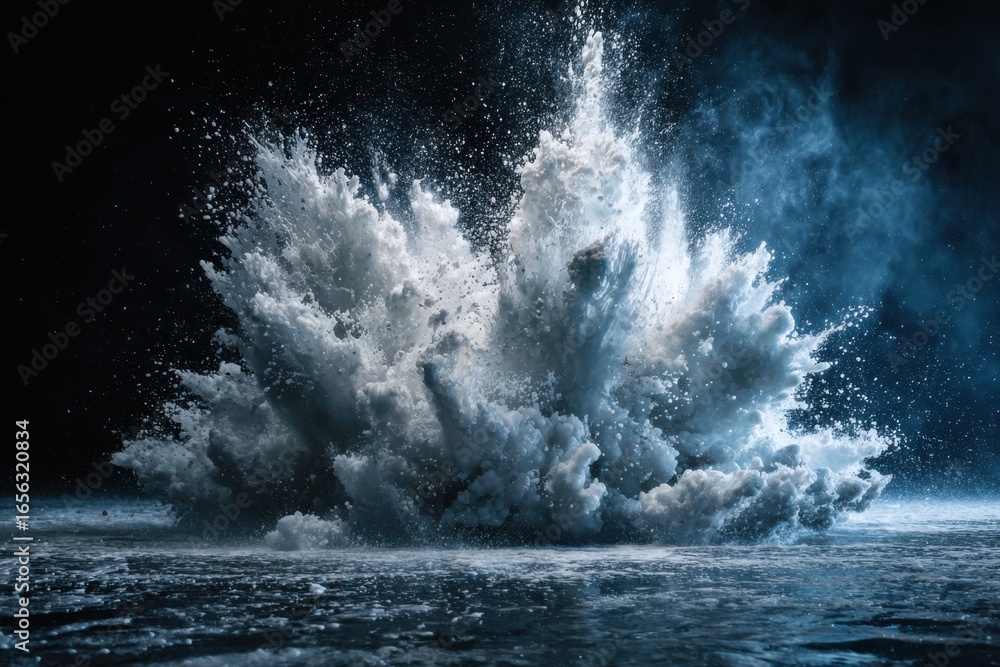 Poster dynamic explosion of water in dark environment creating splashes and mist with dramatic lighting eff