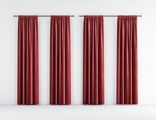 Three deep red curtains on a white wall