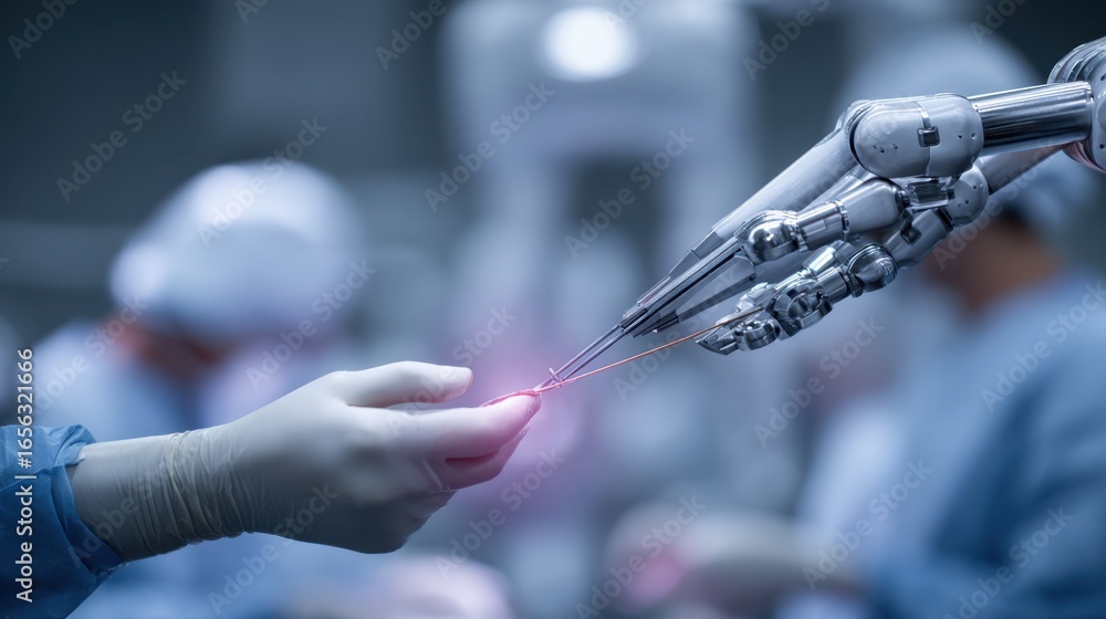 Poster surgical scene showing robotic scrub arm passing a bundle of fine sutures to surgeons hand with shal