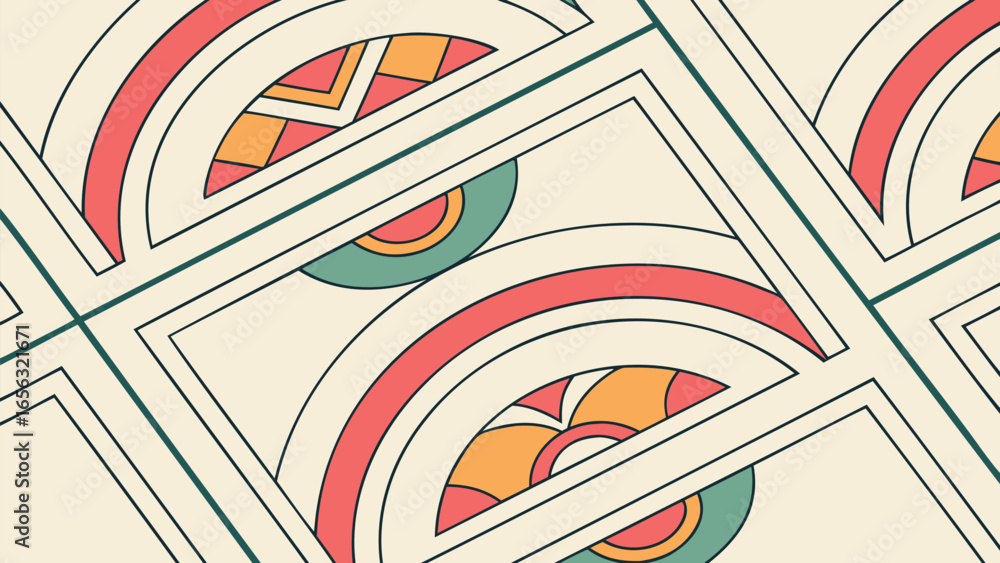 Poster abstract geometric pattern featuring semicircles squares and intersecting lines in pastel colors