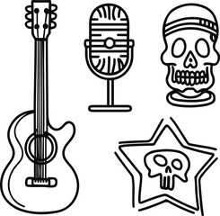 Minimalist black and white line art doodle set, music star theme. Large objects guitar, microphone, skull, graffiti star. Crisp outlines, balanced proportions, professional and clean vector