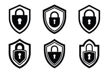 set of black shields and padlock icons on white background security protection