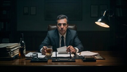 Authoritarian media mogul or corporate boss sitting at desk with intimidating presence during night power meeting to control narratives and suppress information, drinking whiskey surrounded by papers