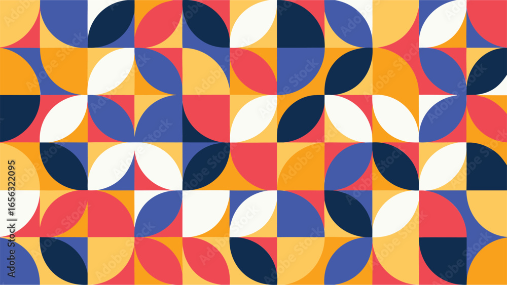 Poster geometric pattern featuring squares and quarter circles in a vibrant and colorful arrangement design