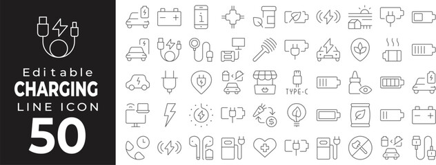 Fototapeta premium Charging and energy set of web icons in line style. Power linear icons collection. Containing battery, plug, electricity, vehicle, wireless, fuel, hybrid, digital, lightning, eco. Editable stroke