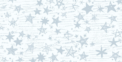 Stars wallpaper with unreadable writings print, vector background in pastel tones