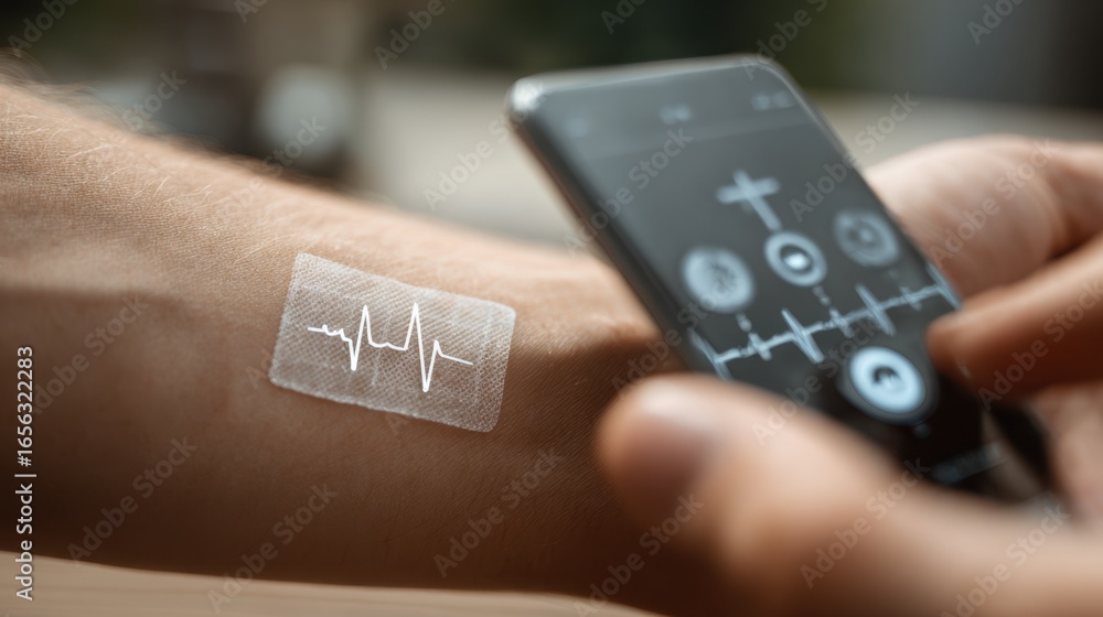 Poster medium shot with selective focus on continuous ketone monitor patch adhered on skin background of a 