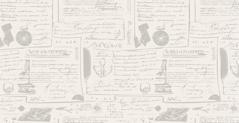 Travel themed old pattern of abstract illegible handwritten text. Vintage grunge bad calligraphy script, notes, book document. Vector illustration of monochrome unreadable handwriting cursive poetry © theeve