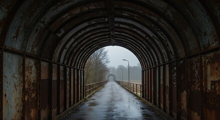 Fototapeta premium Abandoned Rusty Tunnel with Wet Pavement and Distant Arches