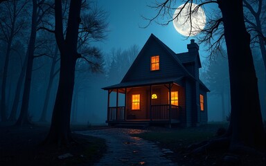 Spooky Halloween Cabin in the Woods at Night. High quality