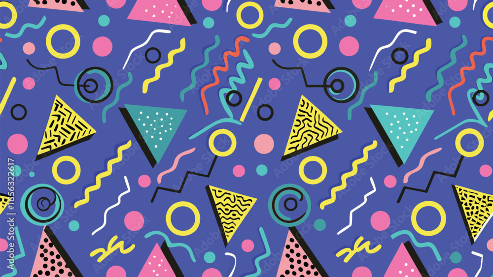 Poster a vibrant retro pattern featuring triangles circles and squiggly lines on a blue background design s