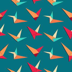 Geometric seamless pattern featuring a repeating arrangement of stylized origami paper cranes in various colors