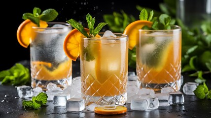 Three Refreshing Orange and Mint Cocktails on Ice