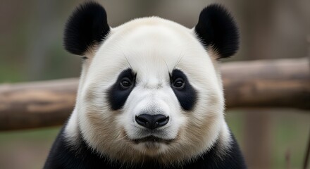 A close up portrait of a giant panda with black eyes and ears looking directly at the camera lens