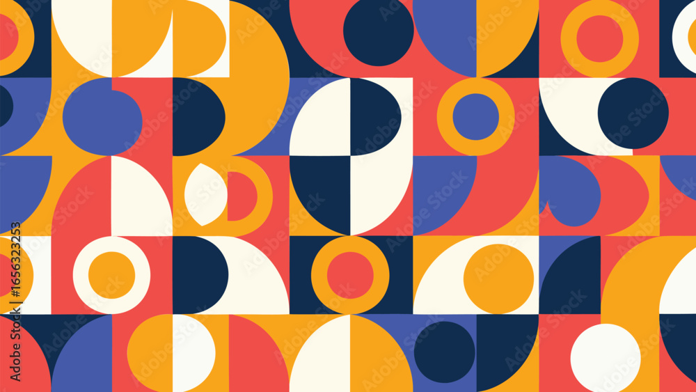 Poster geometric pattern featuring circles squares and semicircles in a colorful arrangement design art sty