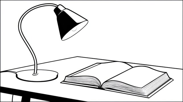 Desk lamp illuminates an open book on a desk, outlined in black and white