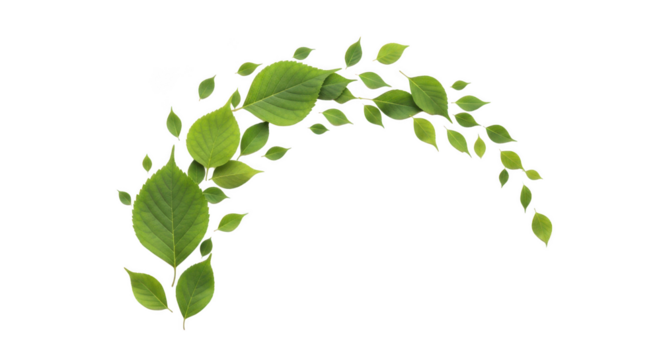 Green leaves swirling in a curved pattern isolated on transparent background