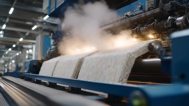 Industrial metal rollers meticulously press paper pulp into thin, layered sheets, with steam rising as the paper forms on the production belt.