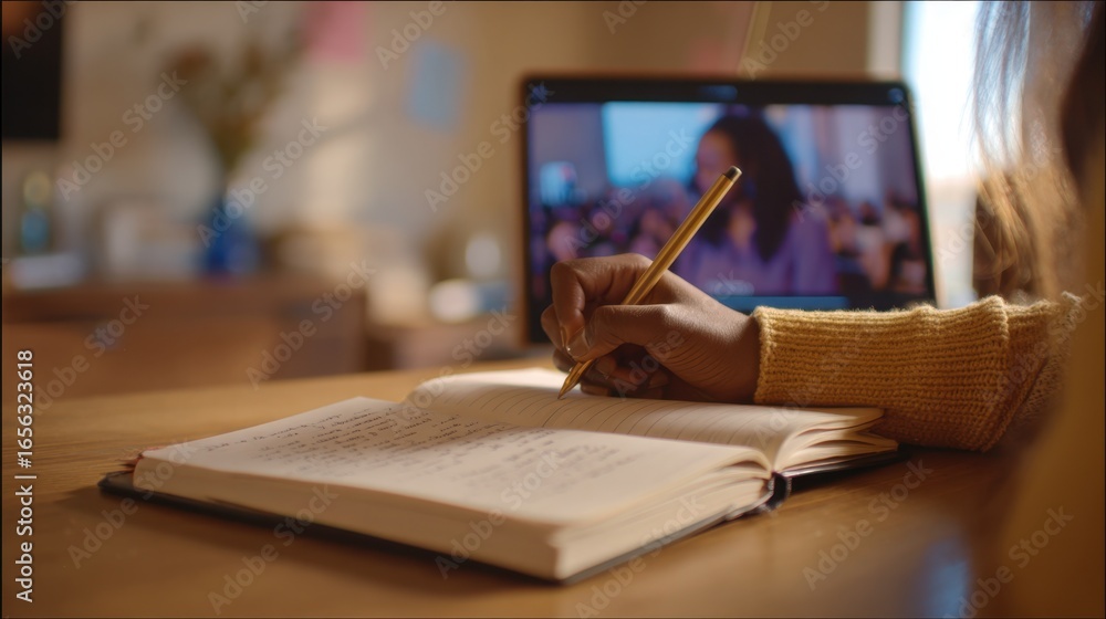 Poster medium shot of a young adult writing in a notebook with a softly blurred video lecture playing on a 