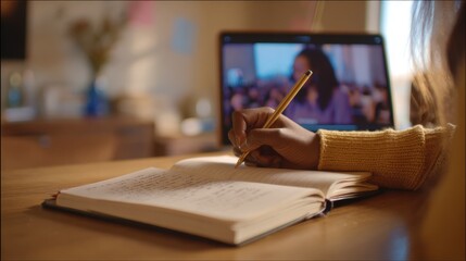 Medium shot of a young adult writing in a notebook with a softly blurred video lecture playing on a tablet nearby capturing blended learning dynamics.