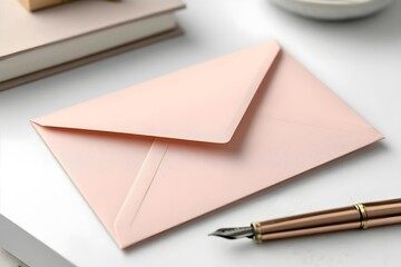 Pink envelope on white table with fountain pen.
