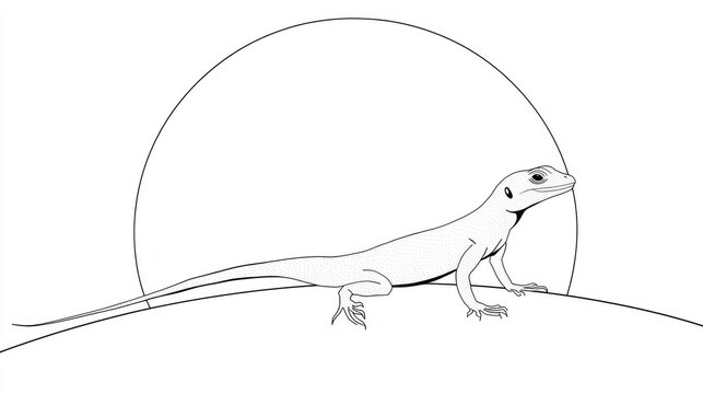 Simple drawing of a lizard atop a rounded hill, silhouetted by a large circle