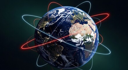 A stylized earth with glowing orbits against a dark green background view