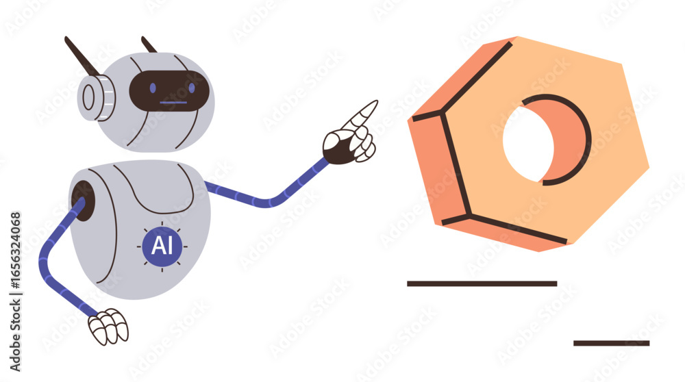 Poster cute robot with ai logo engaging with hexagon-shaped object, suggesting technology, innovation, engi