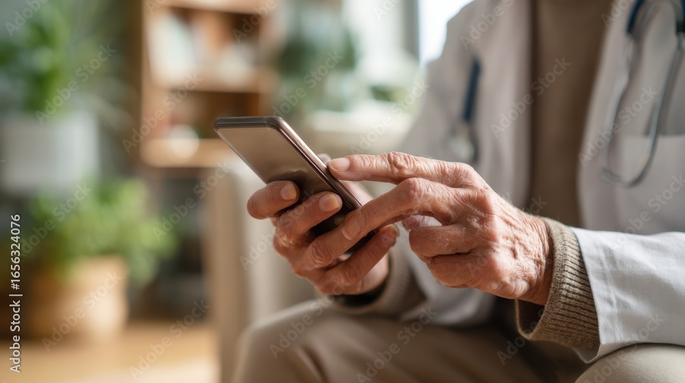 Poster patient using a smartphone for a virtual medical appointment phone screen clear and hands in focus w