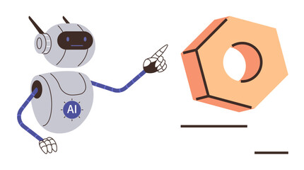 Cute robot with AI logo engaging with hexagon-shaped object, suggesting technology, innovation, engineering, creativity, automation, machine learning, problem-solving. Ideal for futuristic themes