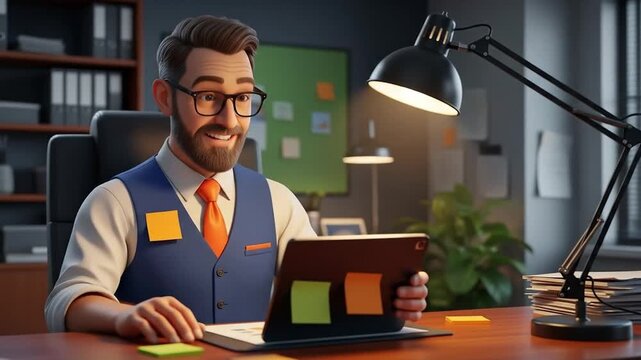 Smiling entrepreneur using digital tablet in office