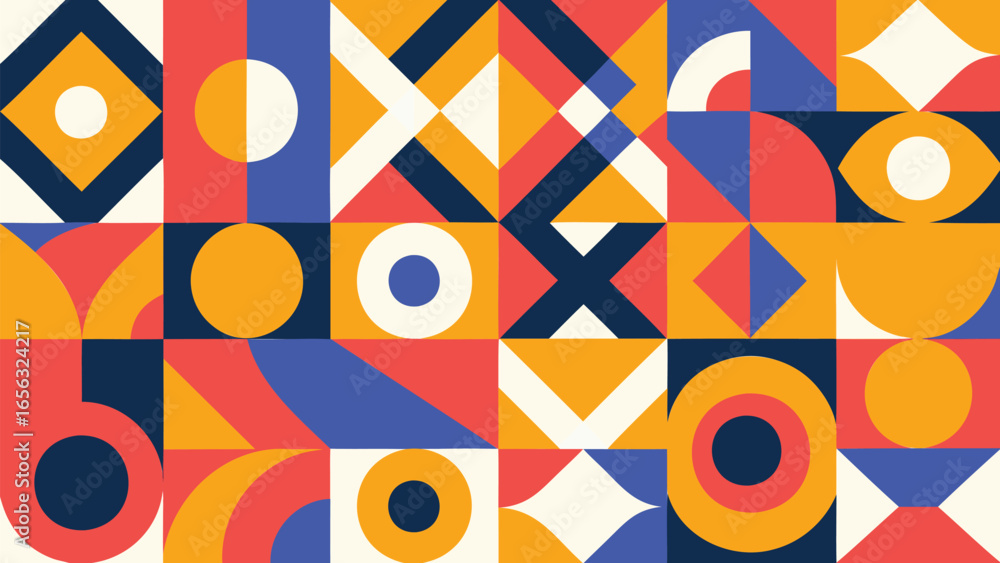 Poster geometric pattern featuring circles squares triangles and abstract shapes in vibrant colors design a