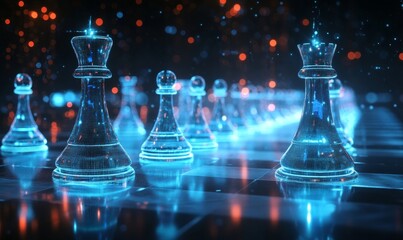 Futuristic AI-driven concept with holographic chess pieces in a dark scene, symbolizing artificial intelligence, optimal strategy, and the merging of human intellect with machine, Generative AI