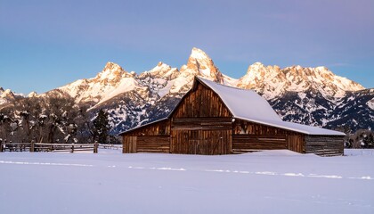 Snowy barn nestled in mountain range