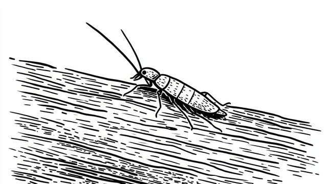 Line drawing of a small insect with long antennae on wood