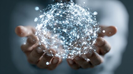 Hands holding a digital network sphere, futuristic concept,  global connection