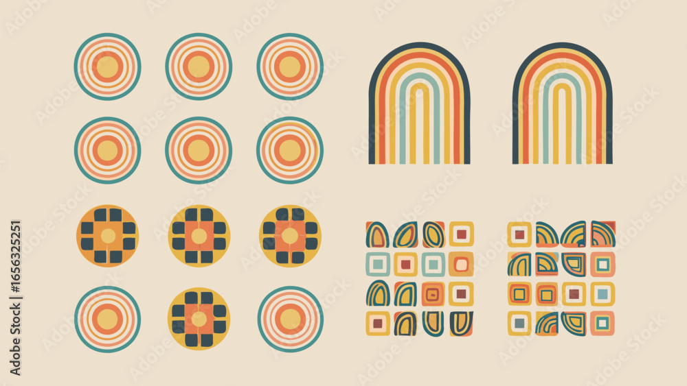 Poster geometric pattern with circles, arches, and squares in retro colors on a beige background