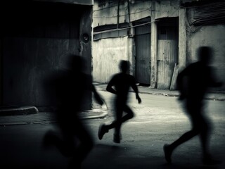 Three blurred figures run down a narrow, dark street lined with aged buildings in a black and white scene.