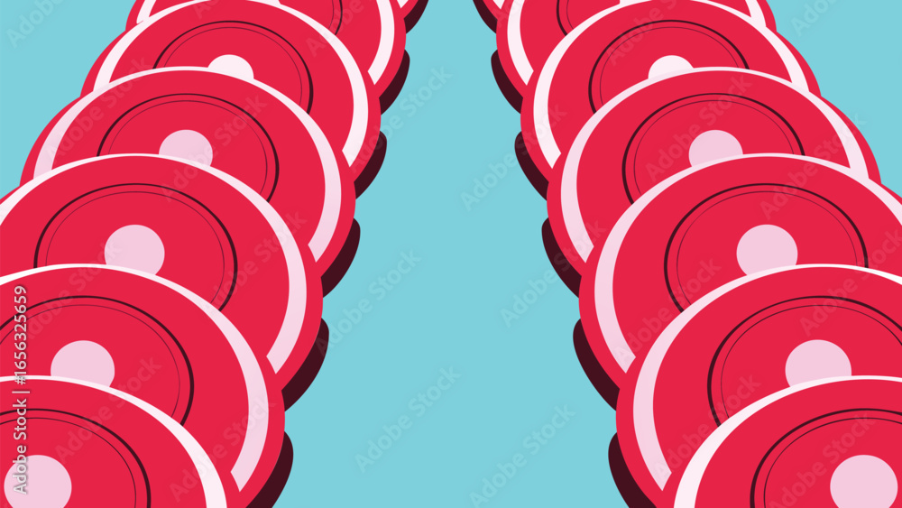 Poster Repeating red circles with white accents on a light blue background create a symmetrical pattern design