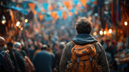 Obraz premium A young man with curly hair and a backpack observes a vibrant market filled with people and colorful decorations, creating a lively and dynamic atmosphere