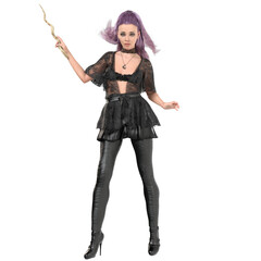 3D rendered illustration of a fictional modern gothic witch with purple hair in a lace top, leather skirt, and leggings, isolated on transparent background