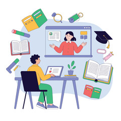 Business people work on laptops and documents in a flat design office illustration