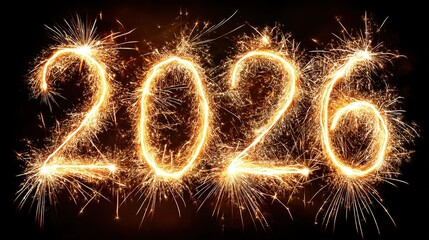 Golden Fireworks "2026" Against Night Sky: New Year Celebration Background with High Detail

