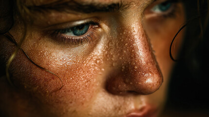 Fototapeta premium A close-up of a young female with pale skin and wet hair, showcasing intense blue eyes and droplets of water on her face, conveying a sense of emotion and contemplation