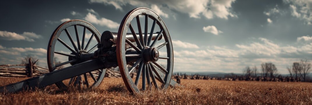 Cannon Civil War at Gettysburg Battlefield, Pennsylvania. American Artillery in Historic Battle Background
