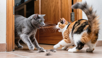 Two angry cats in mid-fight hissing and scratching each other indoors, fur flying during intense feline conflict