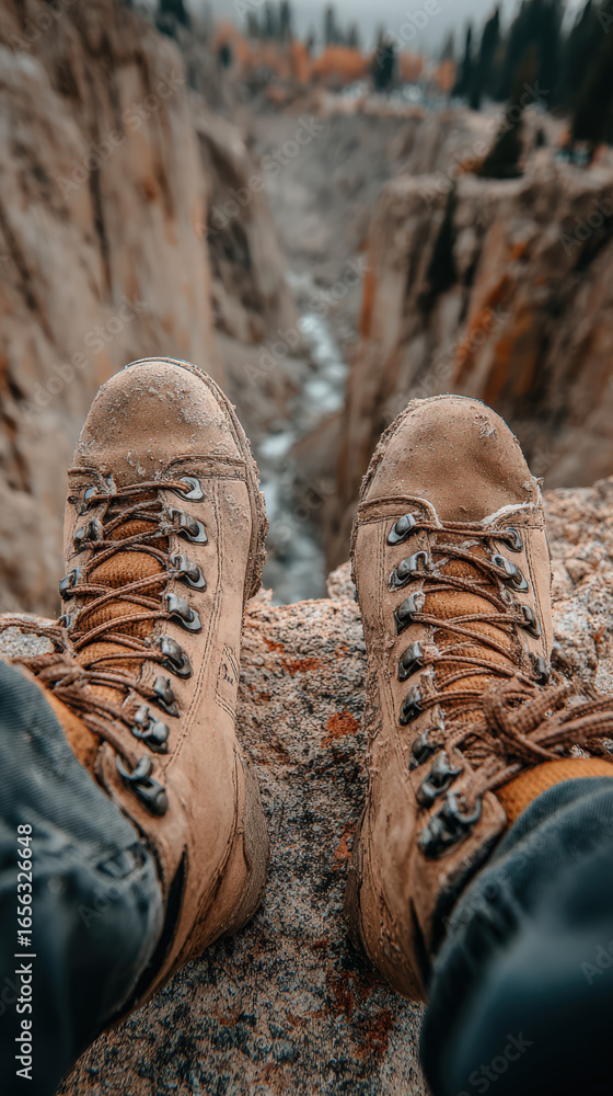 Poster a person's muddy boots rest on a rock ledge overlooking a deep canyon with a flowing river below, su