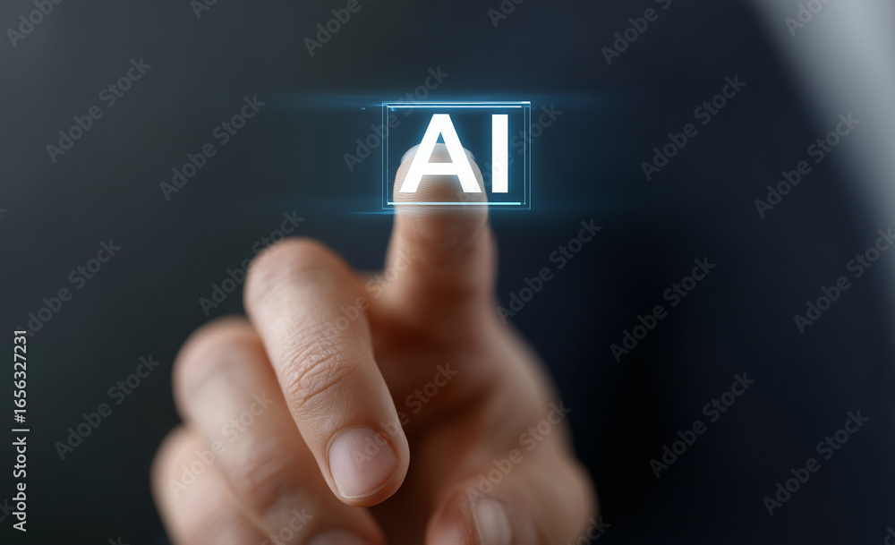 Fototapete man touching virtual ai button with finger on dark blurred background, technology concept with glowi