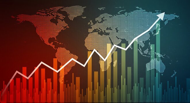 Global Economic Growth and Financial Chart with World Map Background Showing Positive Trends and Market Development